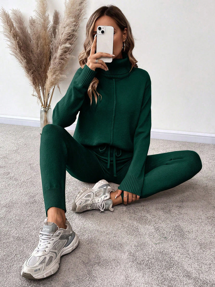 High Collar Long Sleeve Sweater & Slanted Pocket Knitted Casual Pants Two Piece Set