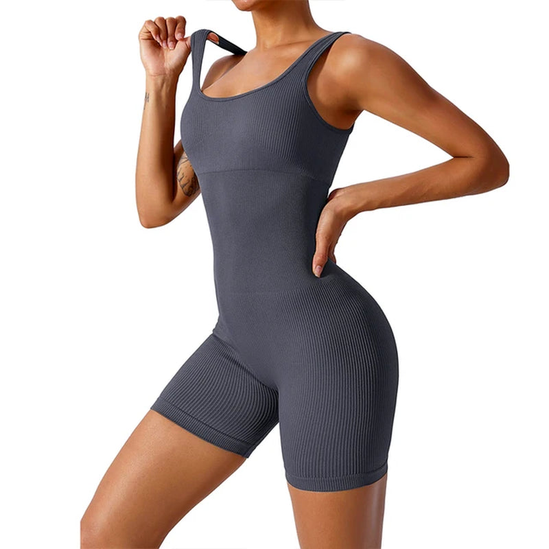 Women Ribbed Yoga Jumpsuits Workout Ribbed Long Sleeve Sport One Piece Tummy Control Seamless Fitness Sportwear