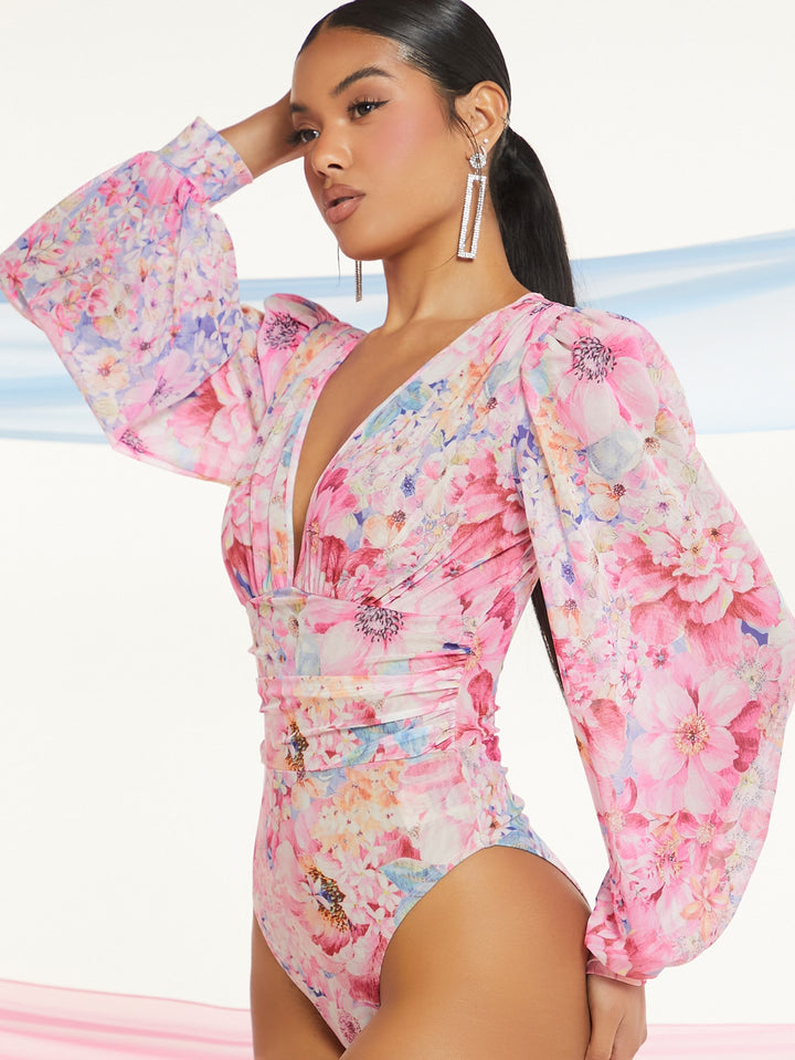 Floral Print Plunging Neck Lantern Sleeve Bodysuit