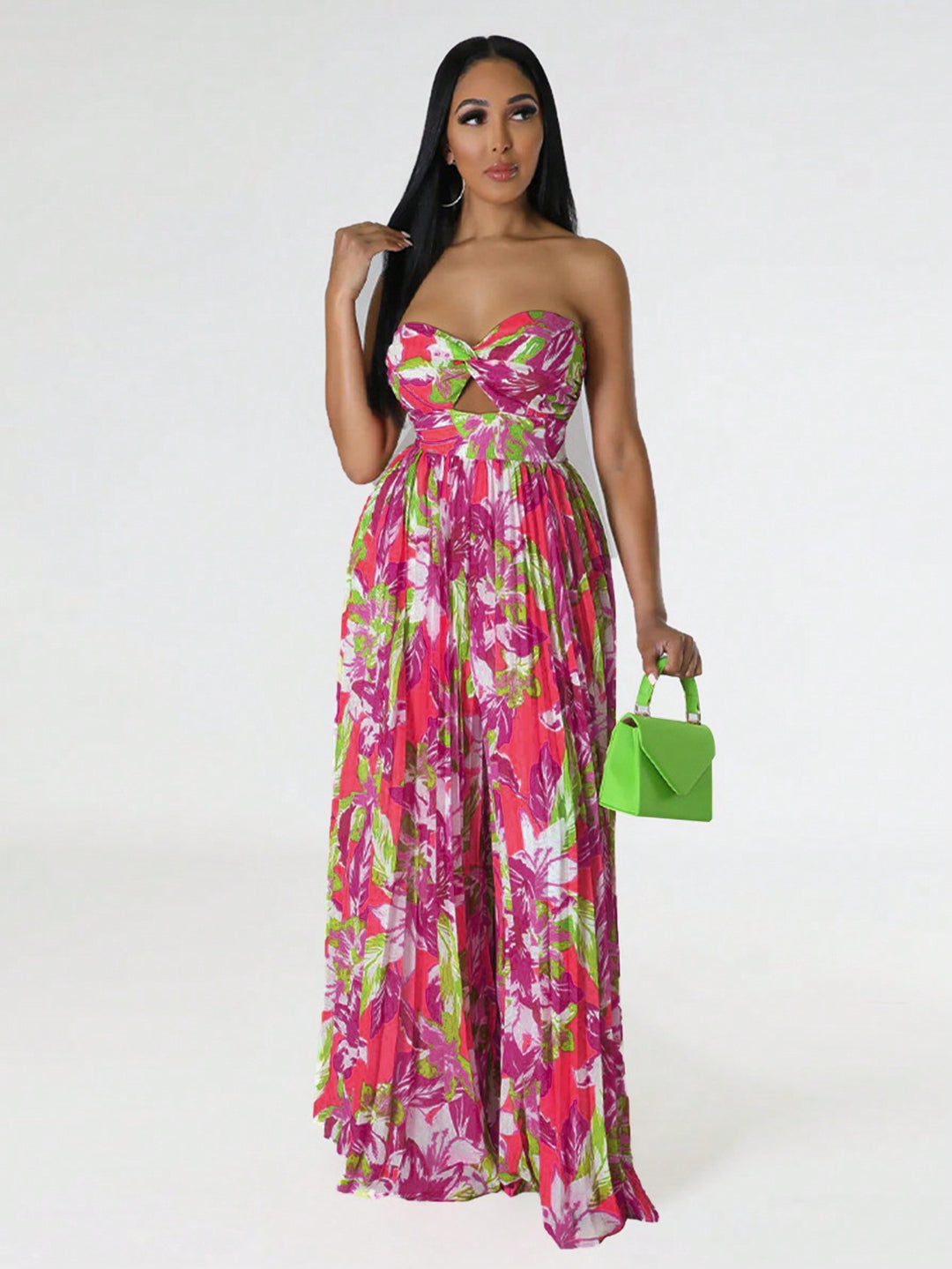 Sleeveless Wrapped Chest Floral Print Jumpsuit with High Waist and Pleated Pants for Summer