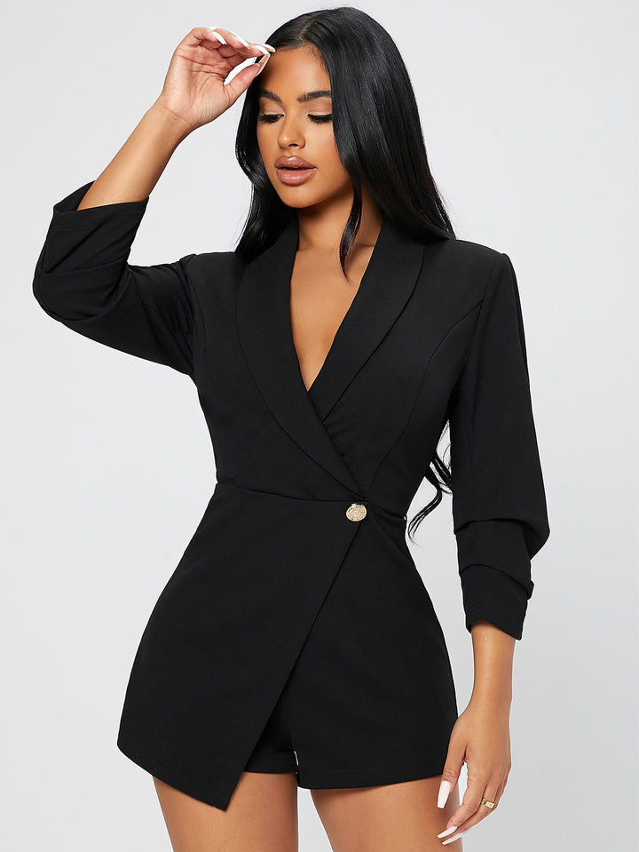 Solid Shawl Collar Wrap Romper