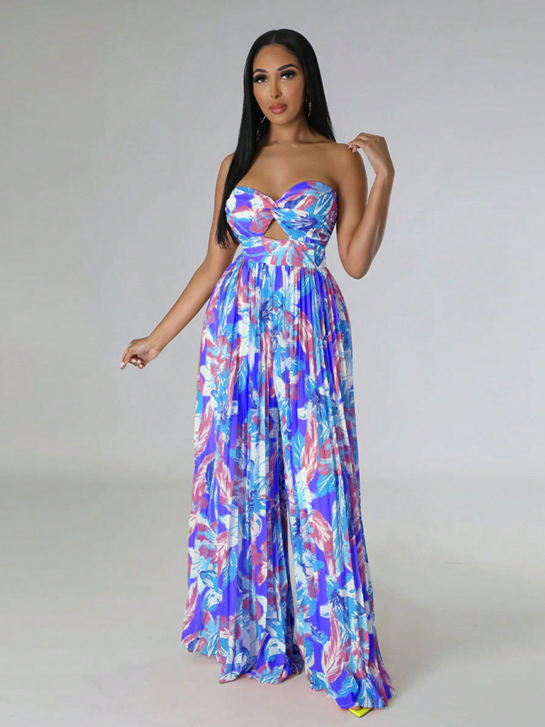 Sleeveless Wrapped Chest Floral Print Jumpsuit with High Waist and Pleated Pants for Summer