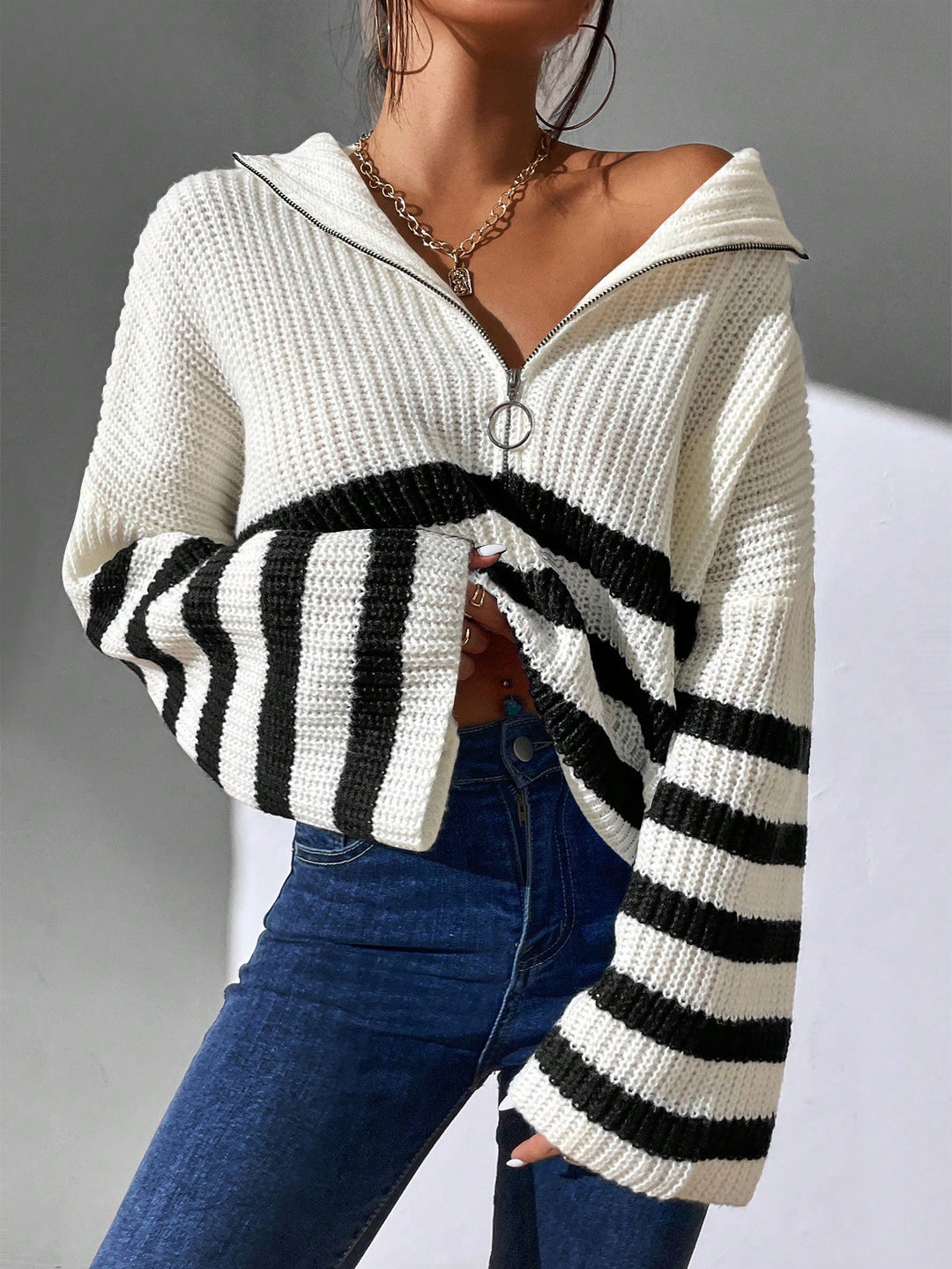 Striped Pattern Half Zip Drop Shoulder Sweater