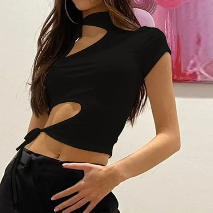 Black T Shirt Hollow Out Top Sexy Short Sleeve Lace up Solid Choker Halter Summer Crop Top One Shoulder Tops Women Tee Shirt