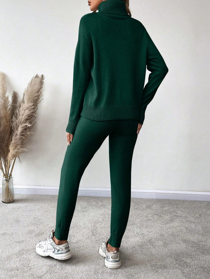 High Collar Long Sleeve Sweater & Slanted Pocket Knitted Casual Pants Two Piece Set