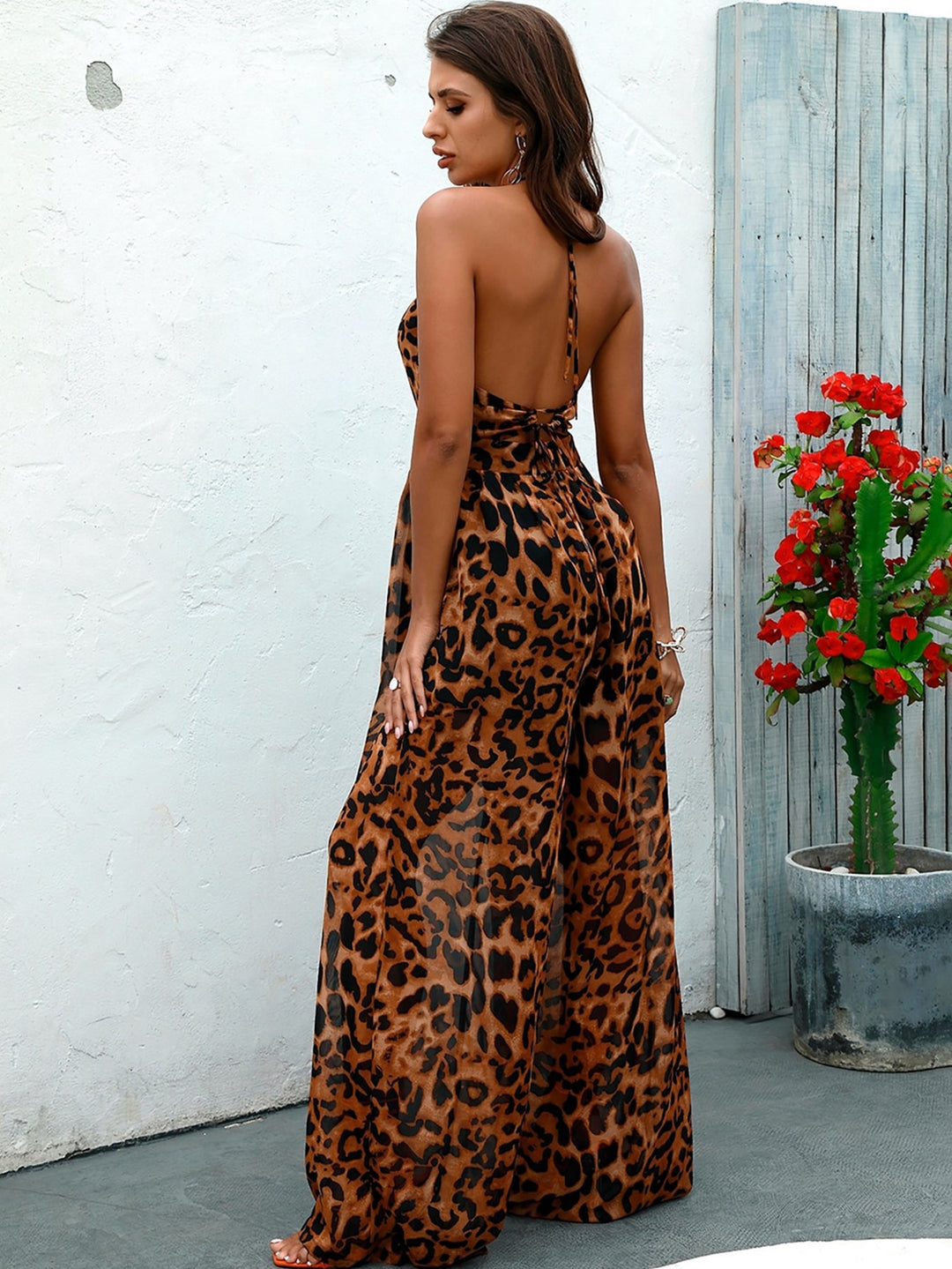 Leopard Print Cut Out Backless Halter Wide Leg Jumpsuit