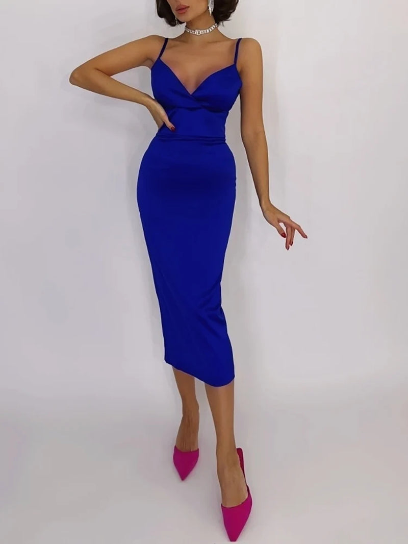 Blue Midi Dress Summer Women Elegant Spaghetti Strap Satin Dresses Bodycon 2022 New Lady Sexy Evening Club Party Dress Sundress