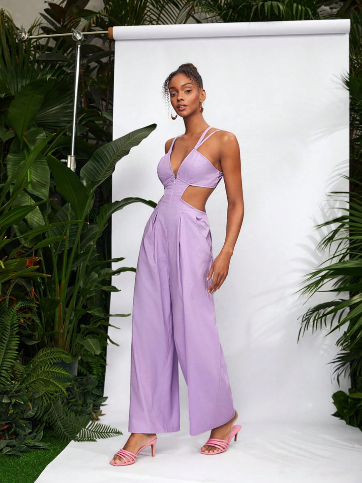 Sleeveless Jumpsuit with Hollow Out Waist and Pockets