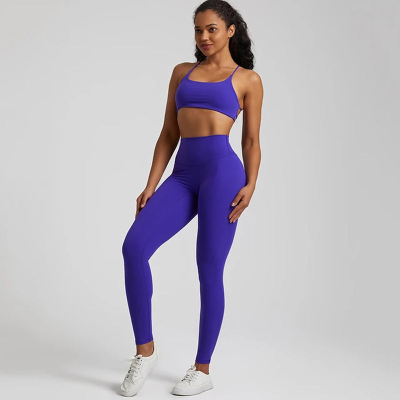 Seamless Yoga Set Gym Set Women Sports Outfit 2 Pieces Cross Back Bra Fitness Suit High Waist Leggings Running Workout Tracksuit