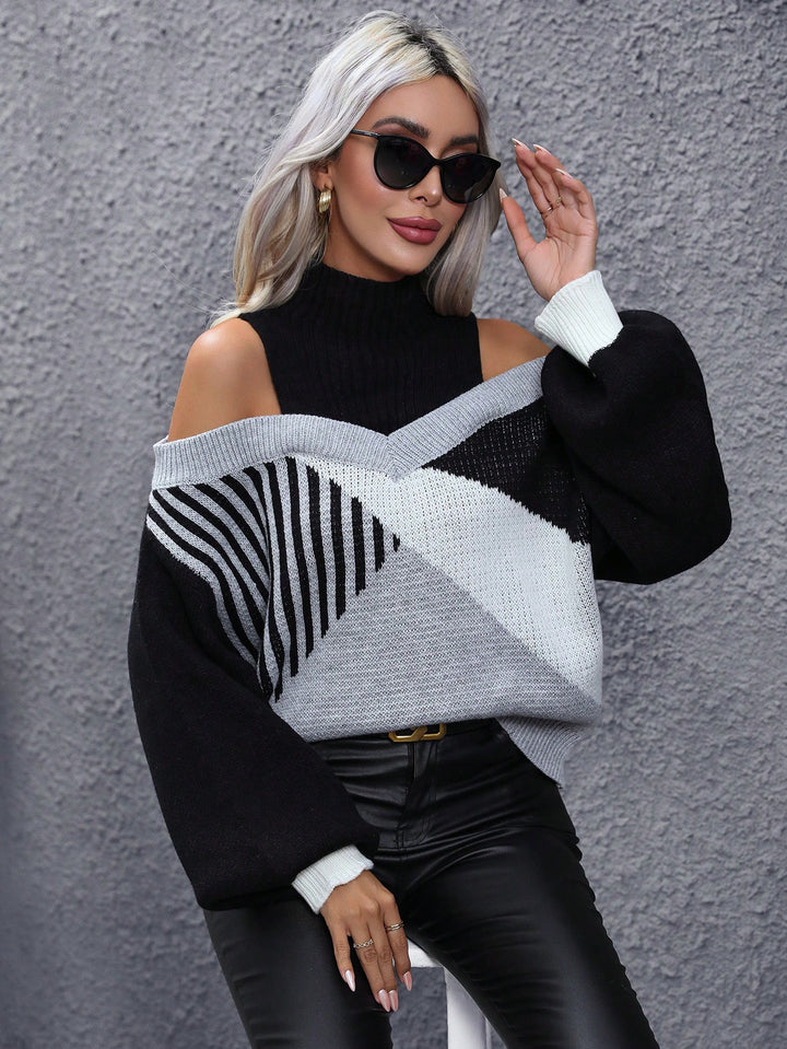 Colorblock Cold Shoulder Sweater