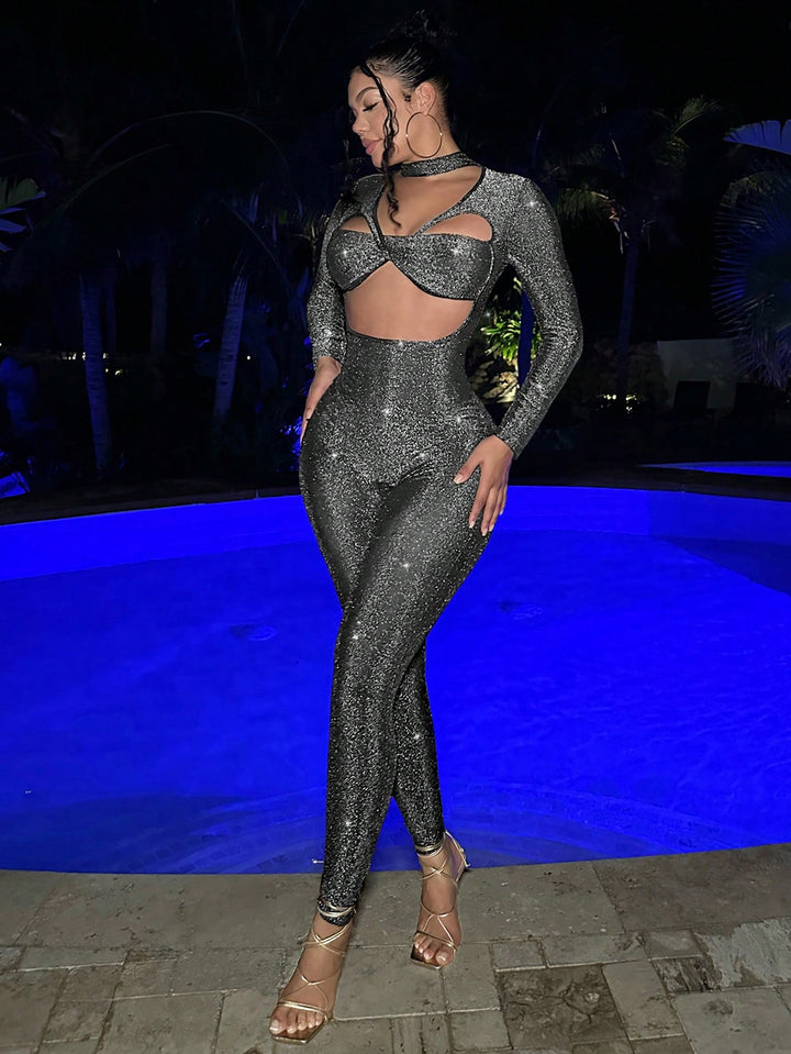  Sexy Outfits Club New Years Women Outfit Glitter Women'S Hollow Out & Sparkling Bodycon Jumpsuit