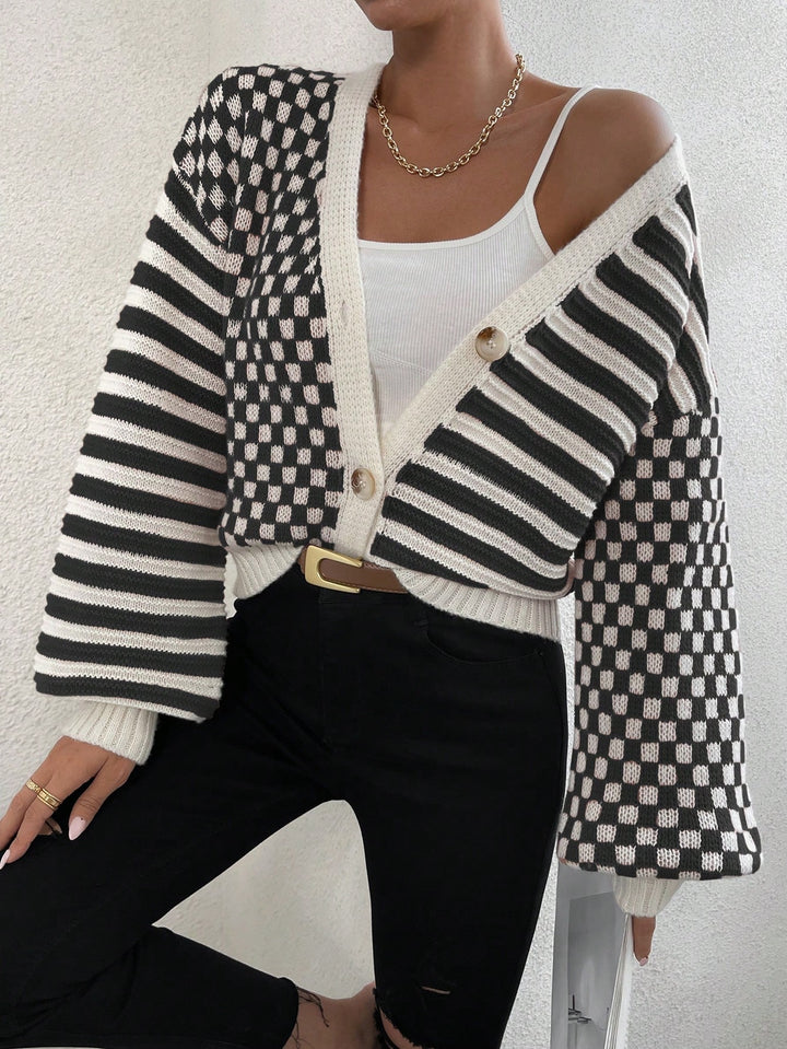 Contrast Striped & Checker Pattern Lantern Sleeve Drop Shoulder Cardigan