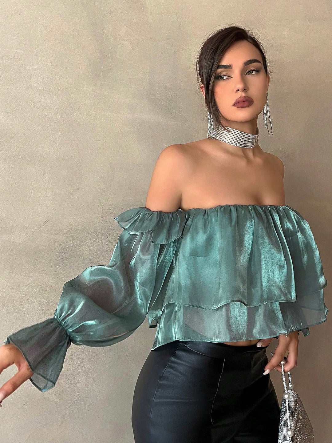 Off Shoulder Flare Sleeve Ruffle Hem Crop Blouse