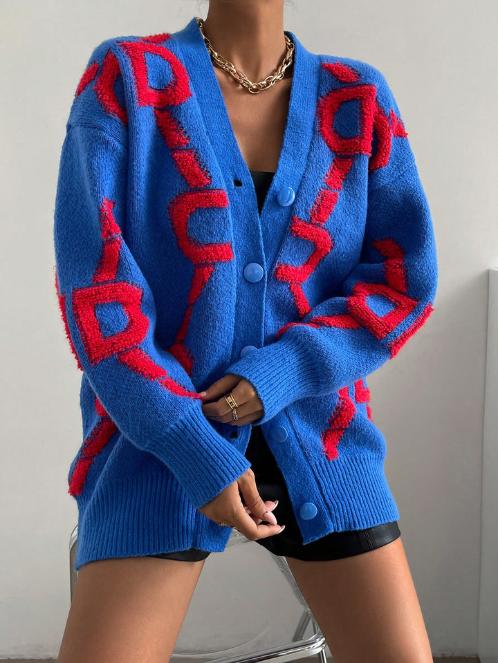  Letter Pattern Drop Shoulder Cardigan