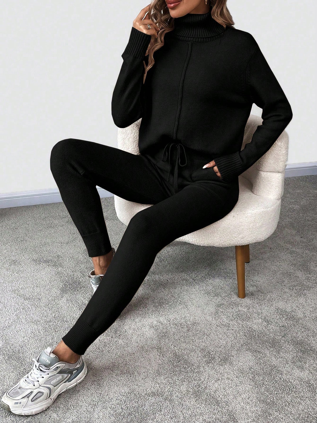 High Collar Long Sleeve Sweater & Slanted Pocket Knitted Casual Pants Two Piece Set