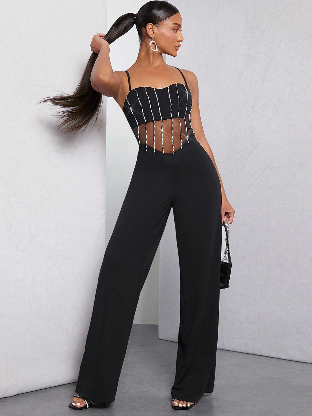 Rhinestone Fringe Mesh Insert Jumpsuit