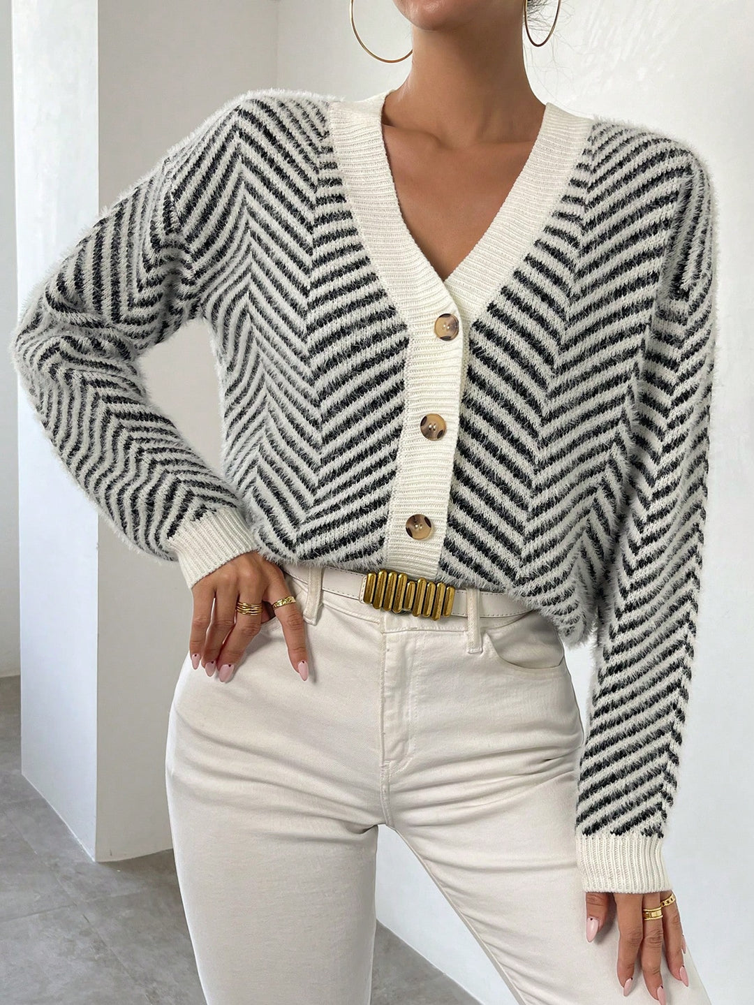 Striped Pattern Button Front Drop Shoulder Cardigan