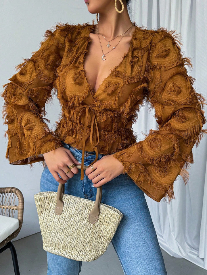 Fringed Flare Sleeve Tie Front Shirt