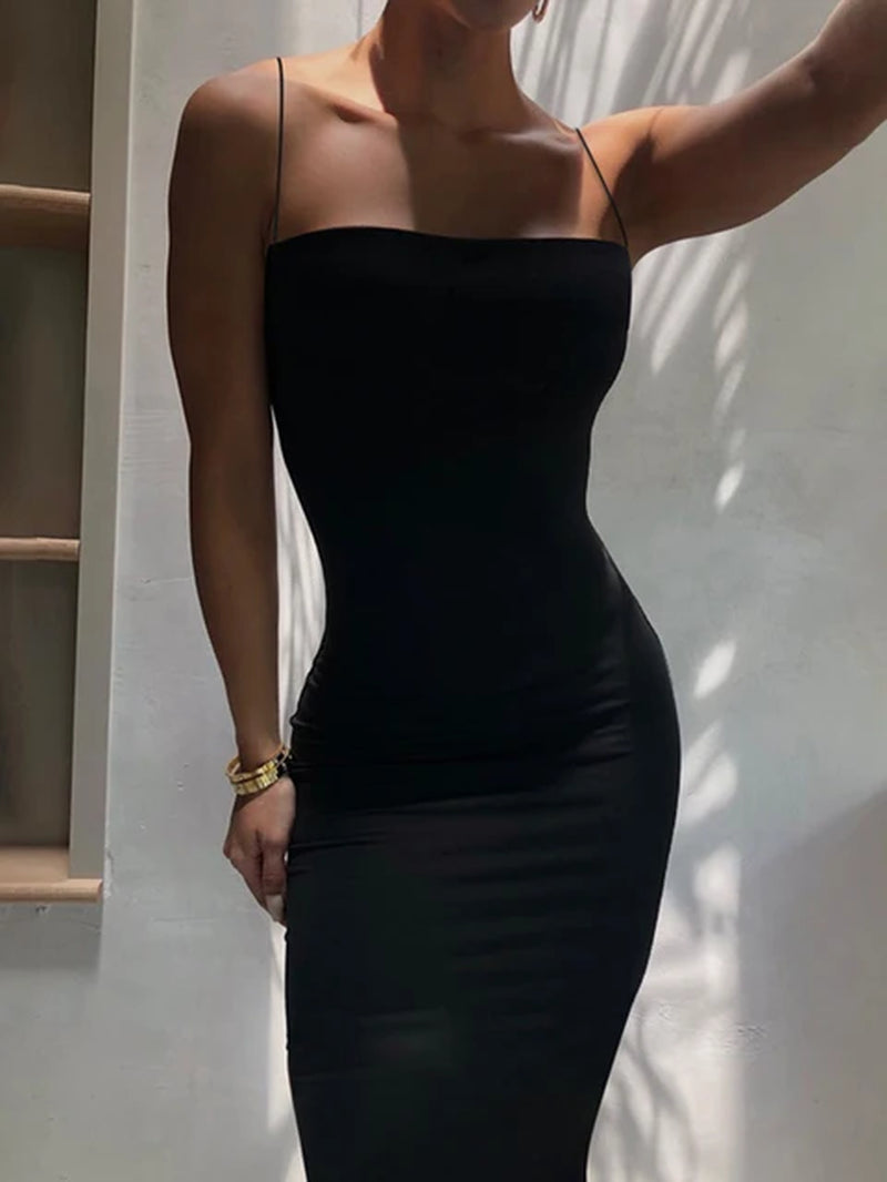 Summer Black Sexy Dress Women Streetwear Sleeveless Backless Solid Spaghetti Strap Bodycon Casual Clubwear Elegant Party Dresses