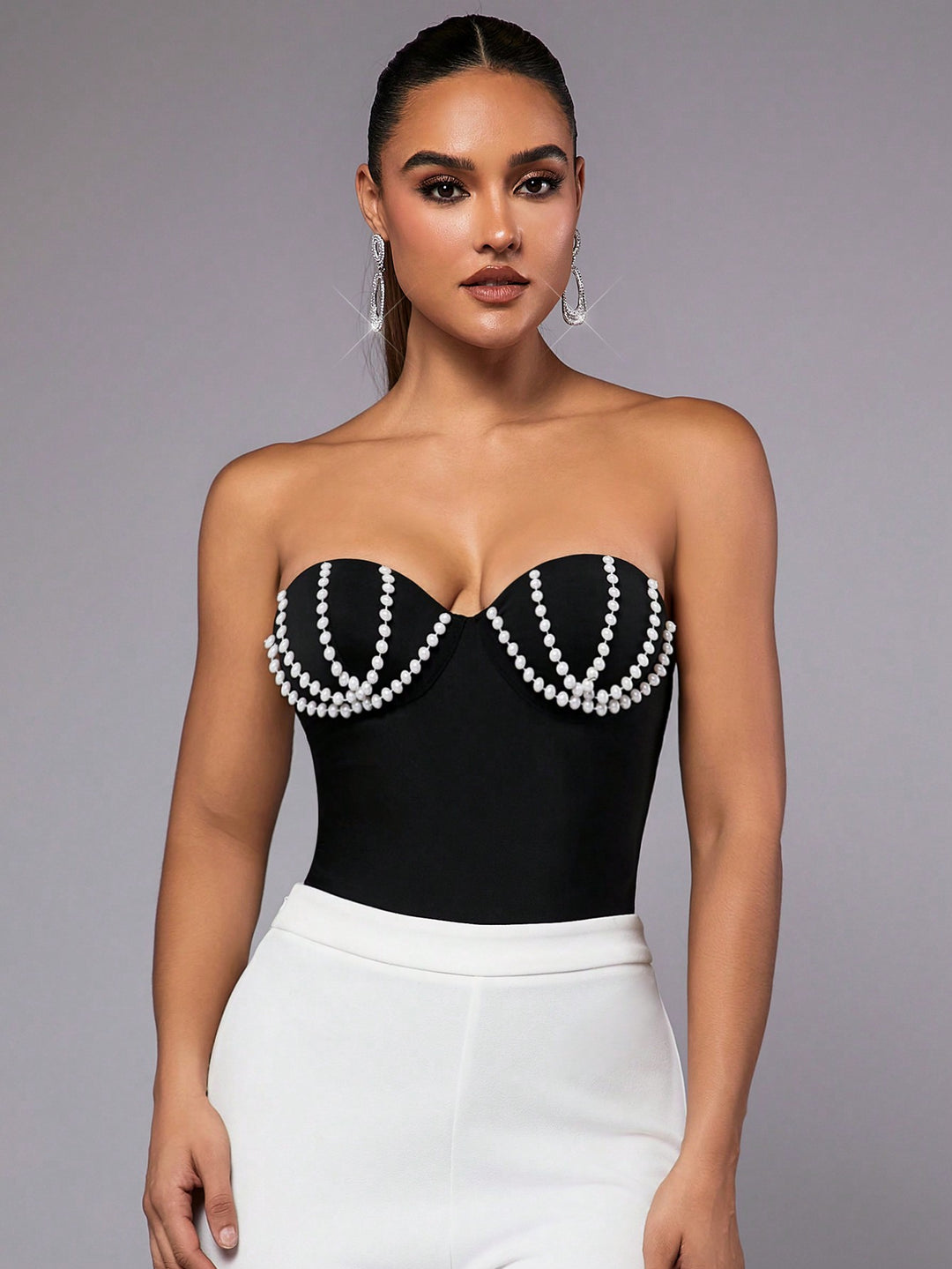 Black Strapless Bodysuit with Imitation Pearl Embellishment