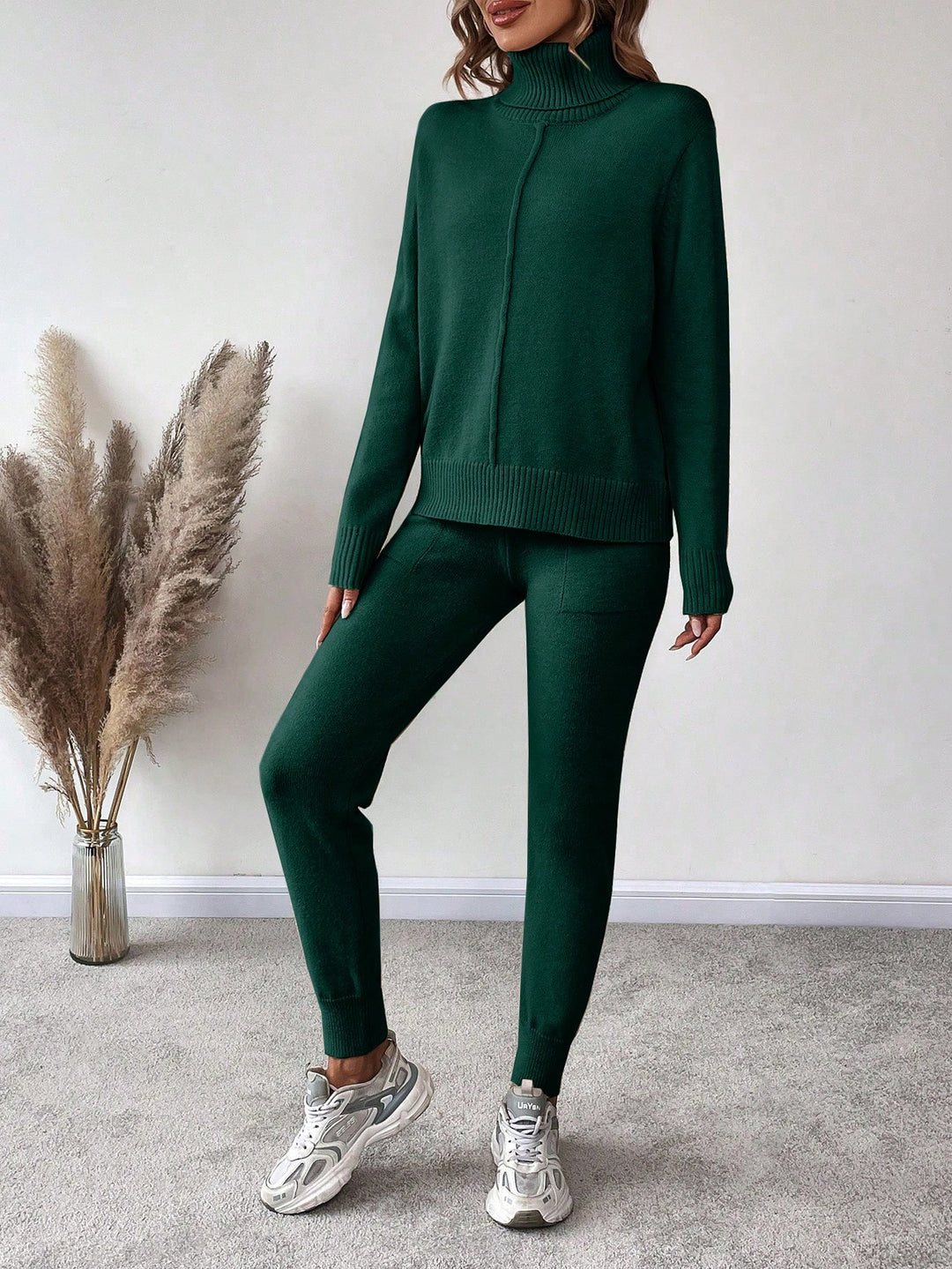 High Collar Long Sleeve Sweater & Slanted Pocket Knitted Casual Pants Two Piece Set