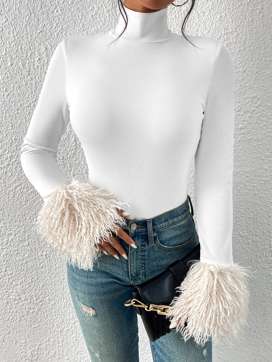 Contrast Fuzzy Cuff Mock Neck Bodysuit