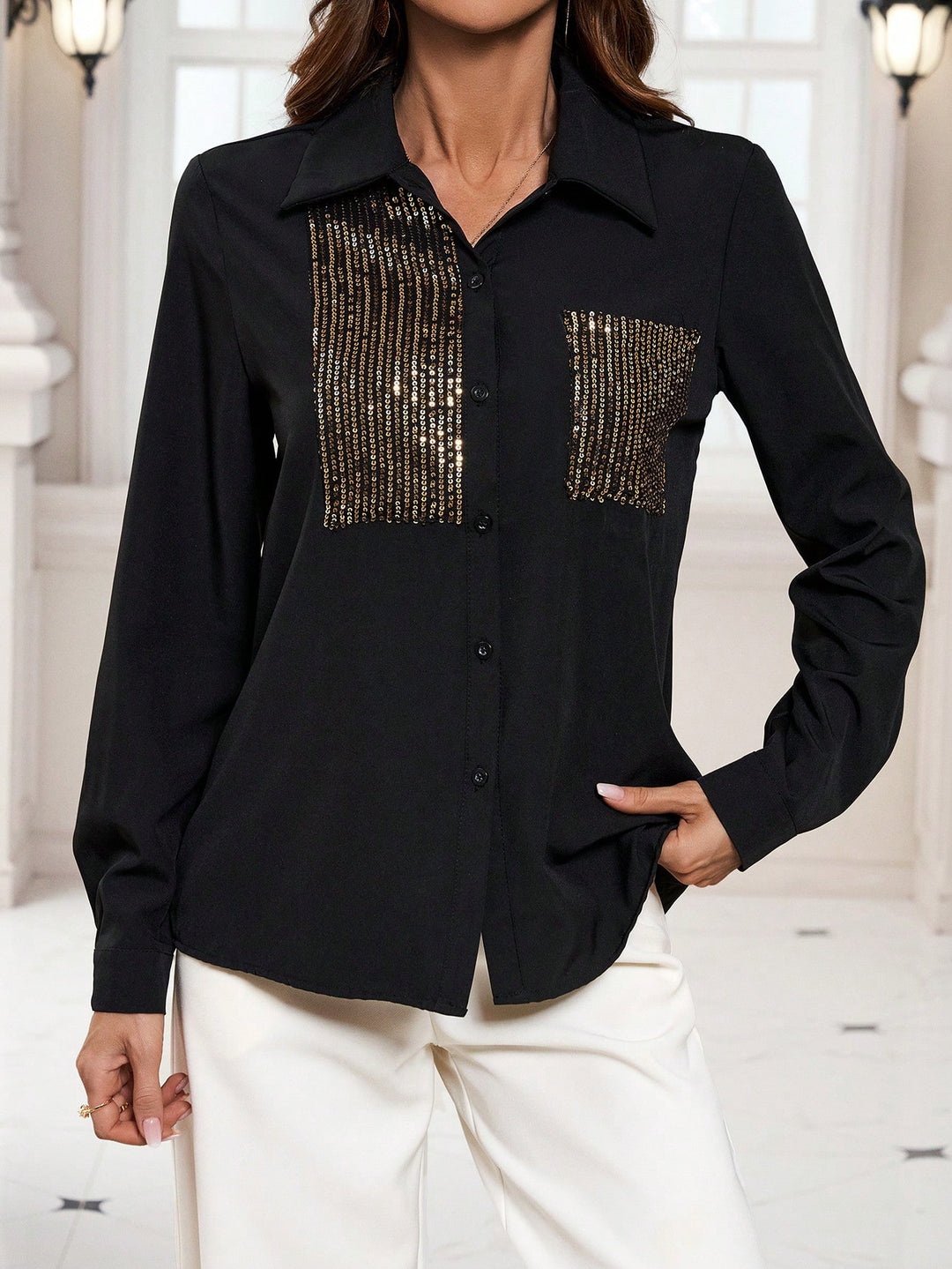 Contrast Color Shiny Panel Long Sleeve Shirt