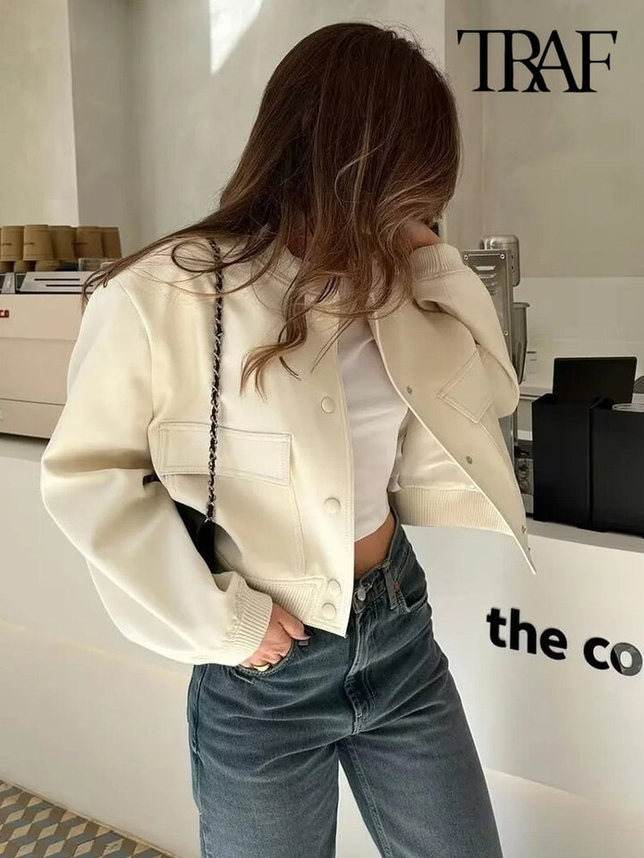 Women Fashion with Pockets Bomber Jacket Coats Vintage Long Sleeve Front Button Casual Female Outerwear Chic Tops