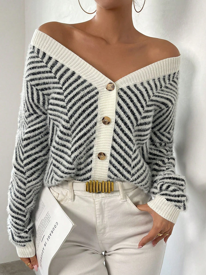 Striped Pattern Button Front Drop Shoulder Cardigan