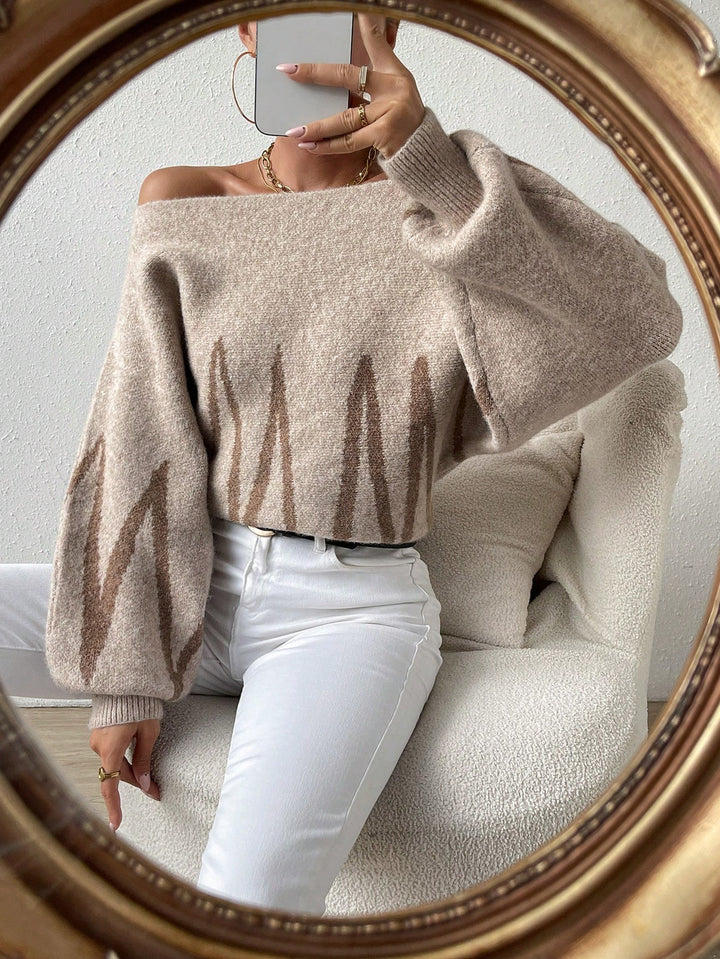 Chevron Pattern off Shoulder Lantern Sleeve Sweater