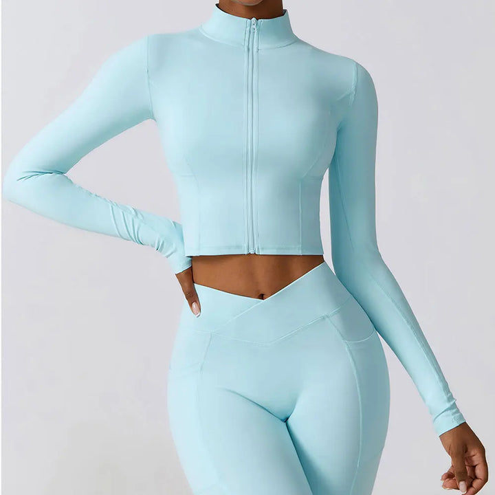 Women'S High Elastic Crop Top Spandex Long Sleeve Yoga Shirts Sportswear Yoga Jacket Workout Gym Clothing Sports Clothes Suit