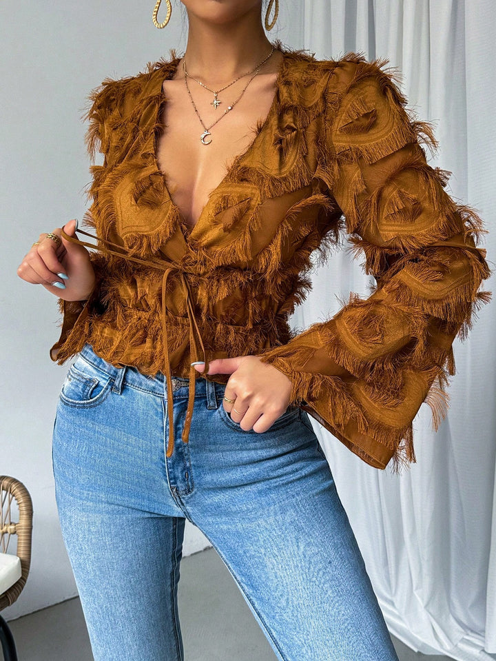 Fringed Flare Sleeve Tie Front Shirt