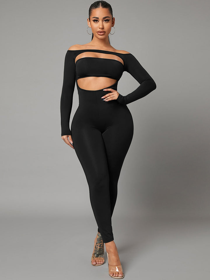 Off Shoulder Cut Out Front Unitard Romper