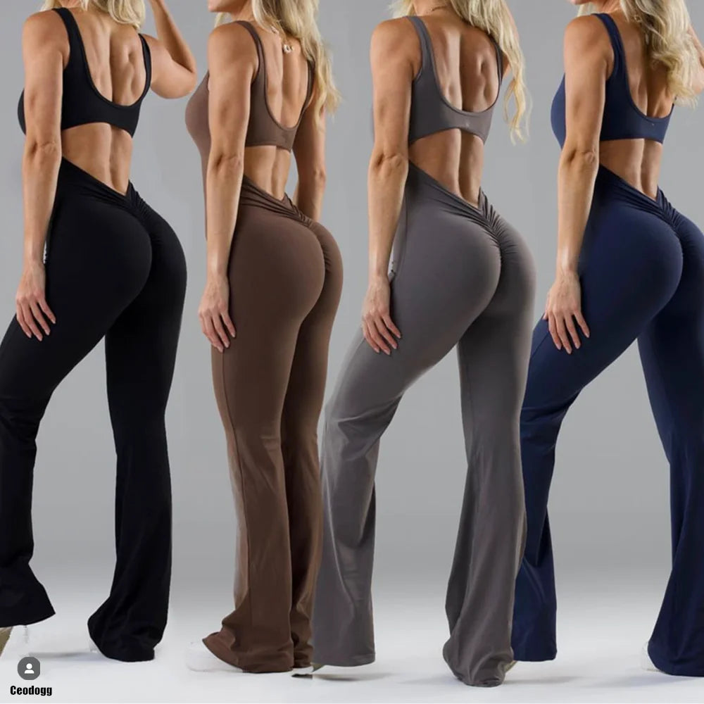 2024 S-XL Pad Women Gym Yoga Set Sports Rompers Deep V Back Fitness Workout Pant Flare Leggings One Piece Jumpsuit Active Wear