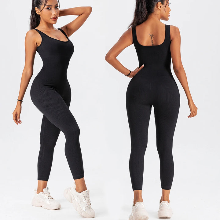 Women Ribbed Yoga Jumpsuits Workout Ribbed Long Sleeve Sport One Piece Tummy Control Seamless Fitness Sportwear