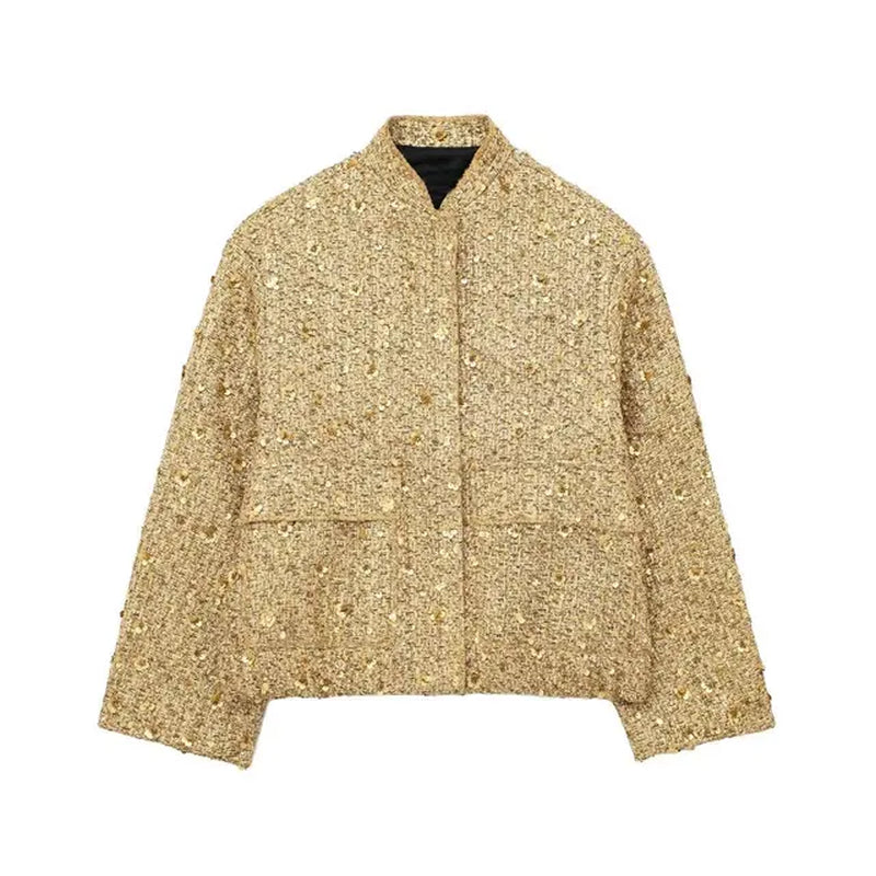 Women'S Sequined Bomber Jacket Fall New round Neck Long Sleeve Pocket Stretch Hem Sequins Jacket Coat Female Chic Outerwear