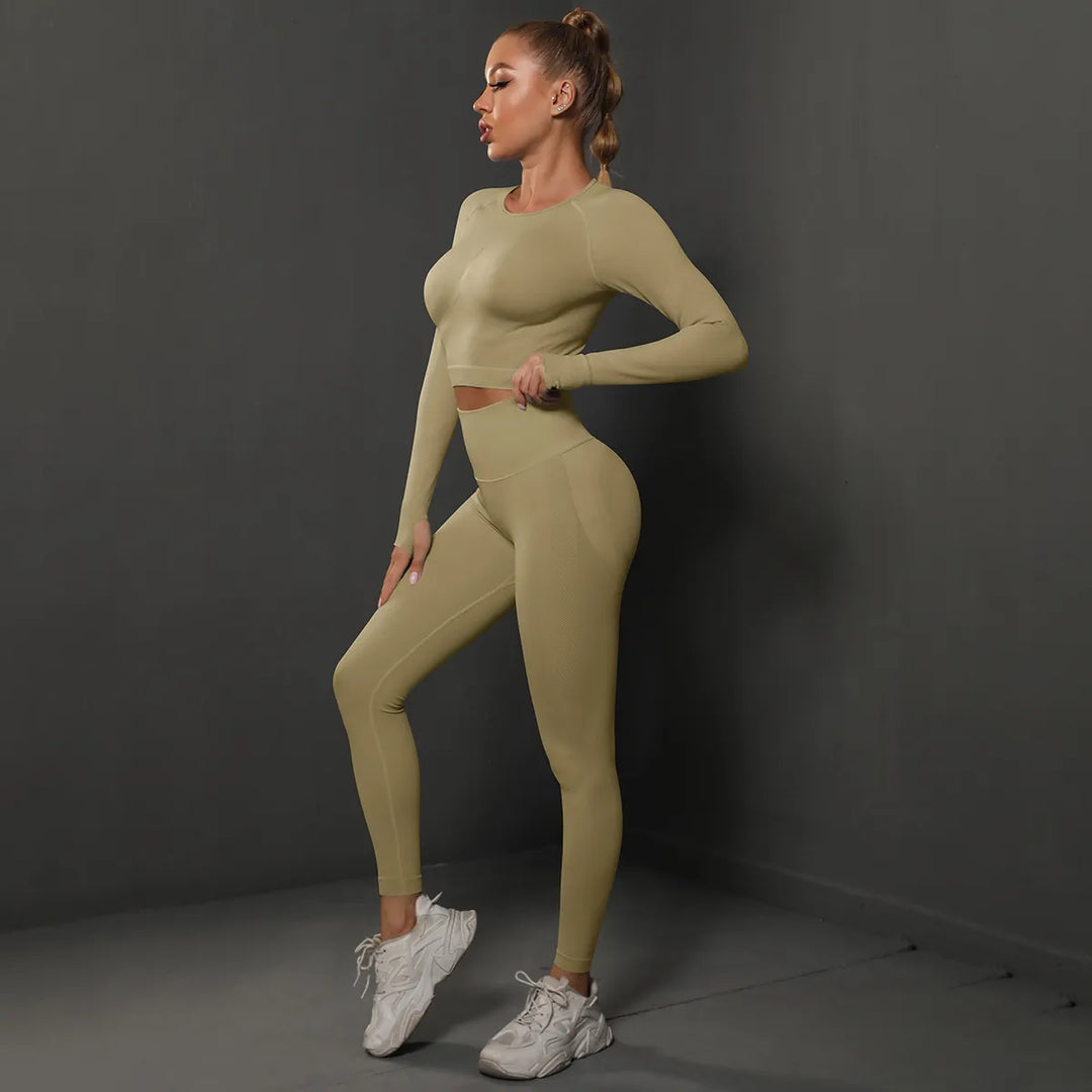 2Pcs Women Sets Energy Seamless Gym Suits Bubble Butt Sports Pants+Long Sleeve Shirts Push up Running Sets Tracksuits Tights Set