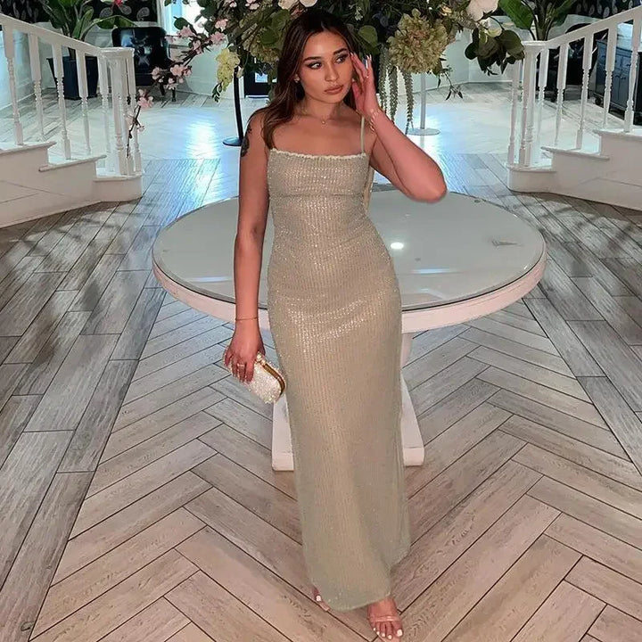 YUZHEXI Elegant Sequins Glitter Midi Robe Women Spaghetti Straps Split Bodycon Party Double Layers Silver Dress Blingbling