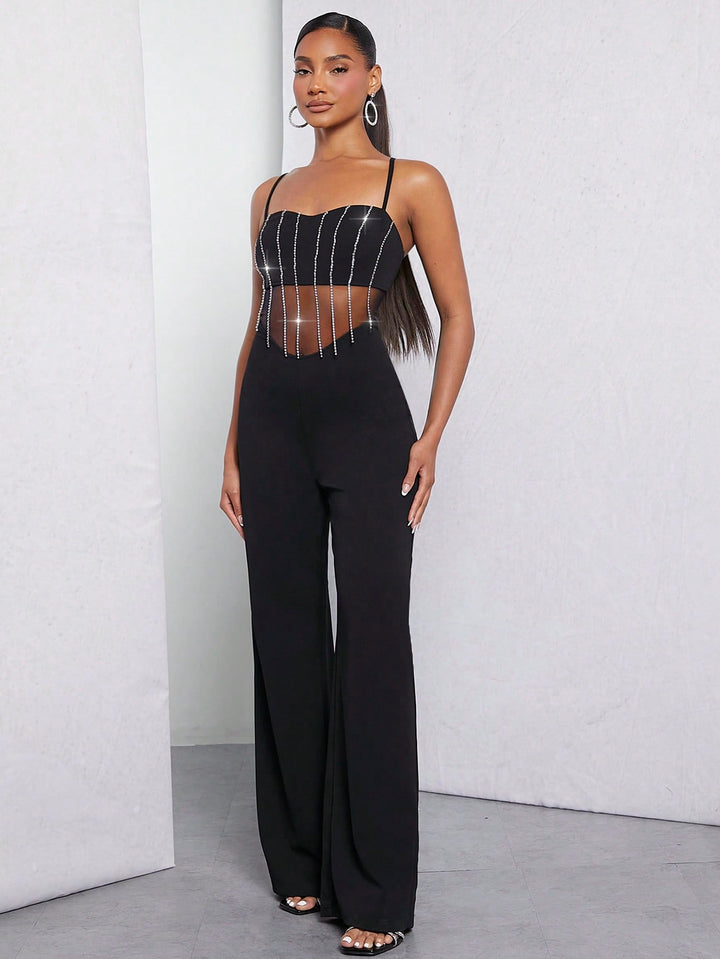 Rhinestone Fringe Mesh Insert Jumpsuit