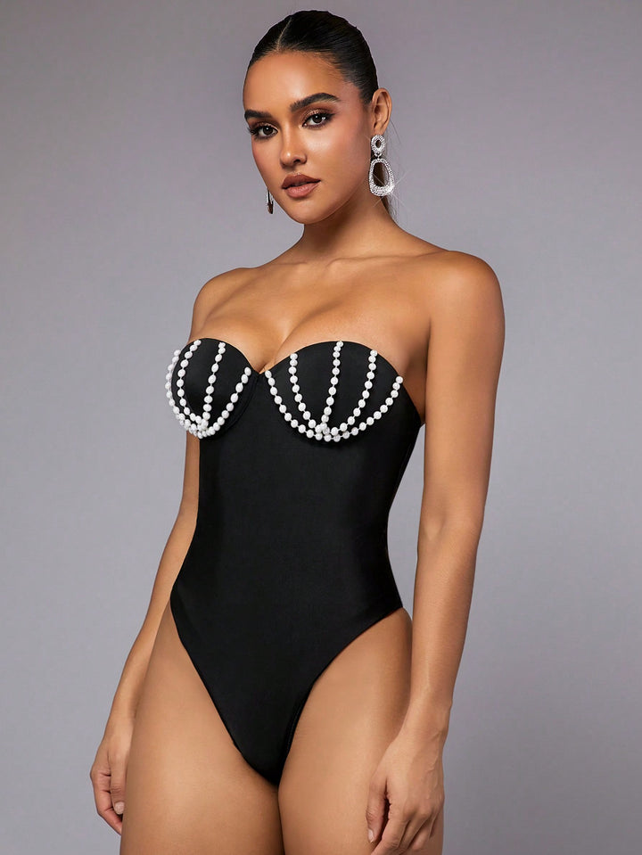 Black Strapless Bodysuit with Imitation Pearl Embellishment