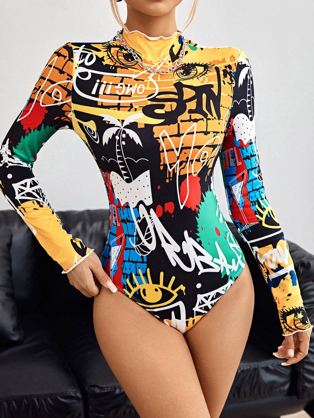 ICON Graffiti Print Lettuce Trim Mock Neck Bodysuit