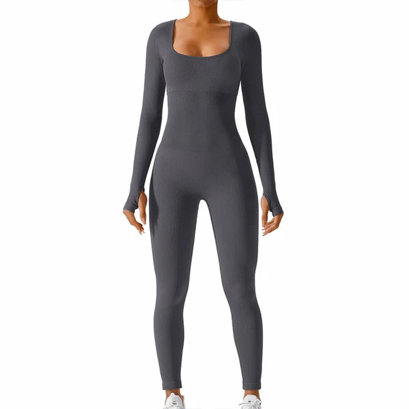 Women Ribbed Yoga Jumpsuits Workout Ribbed Long Sleeve Sport One Piece Tummy Control Seamless Fitness Sportwear