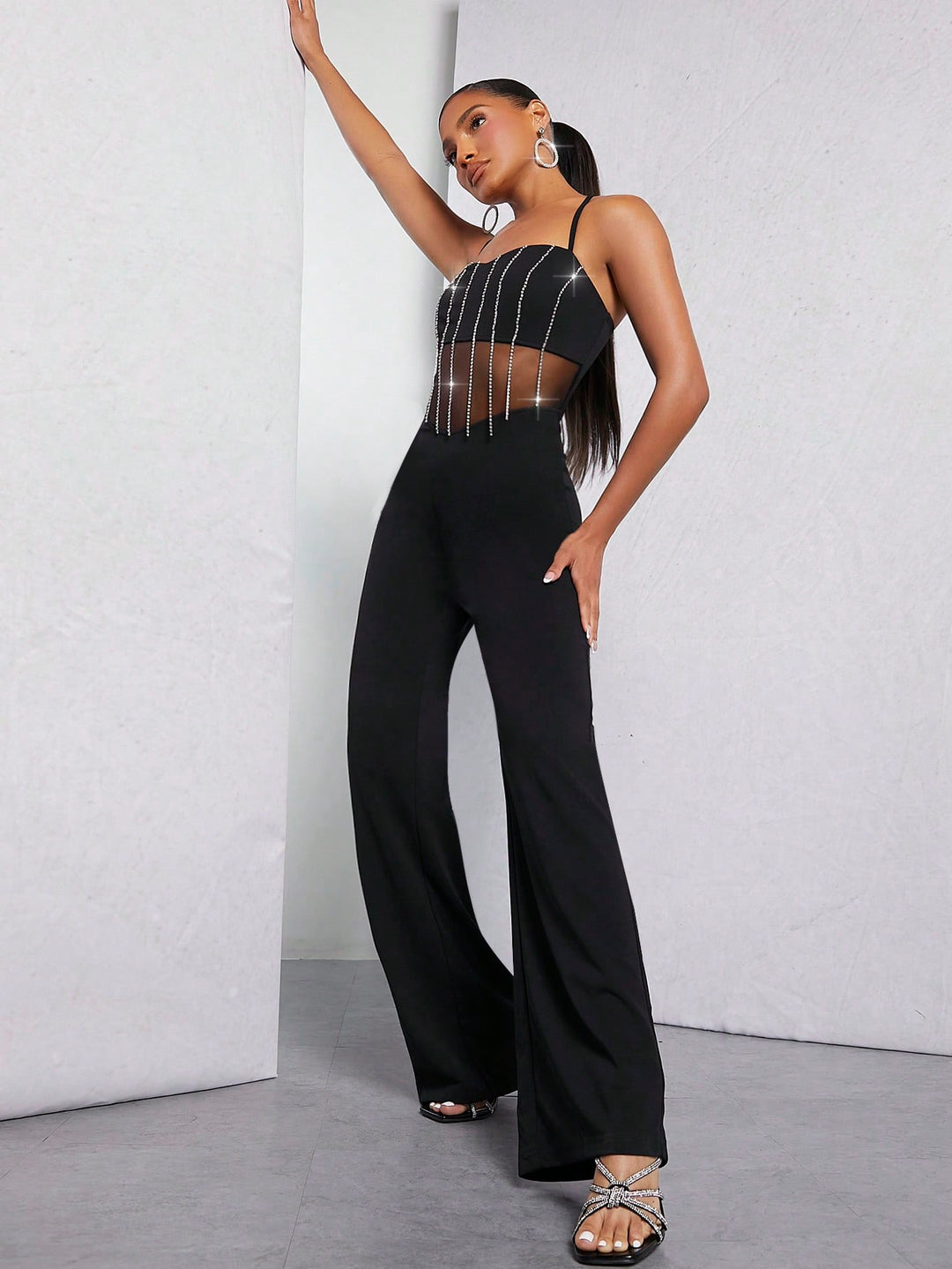 Rhinestone Fringe Mesh Insert Jumpsuit