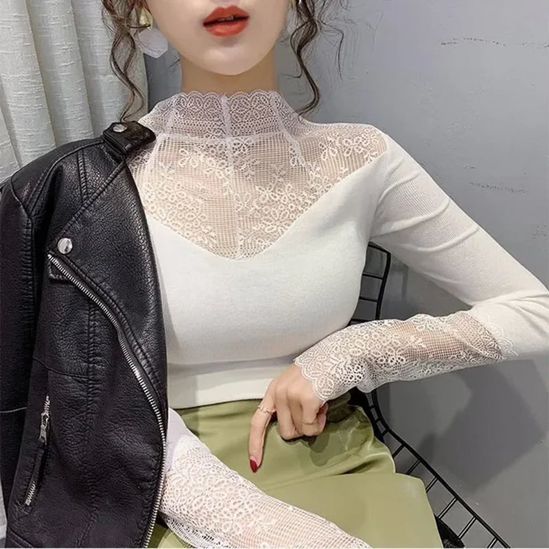 Women Elegant Lace Blouse Female Sexy Mesh Long Sleeve Shirt Tops plus Size Fashion Floral Embroidery Hollow Out Solid Blouses