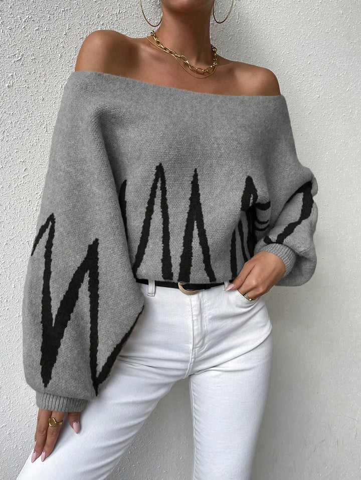 Chevron Pattern off Shoulder Lantern Sleeve Sweater