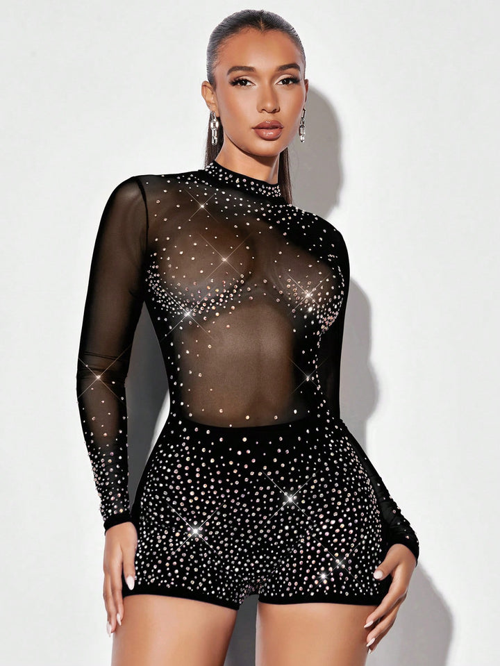 Rhinestone Decor Sparkling Long Sleeve Romper for High Street Style