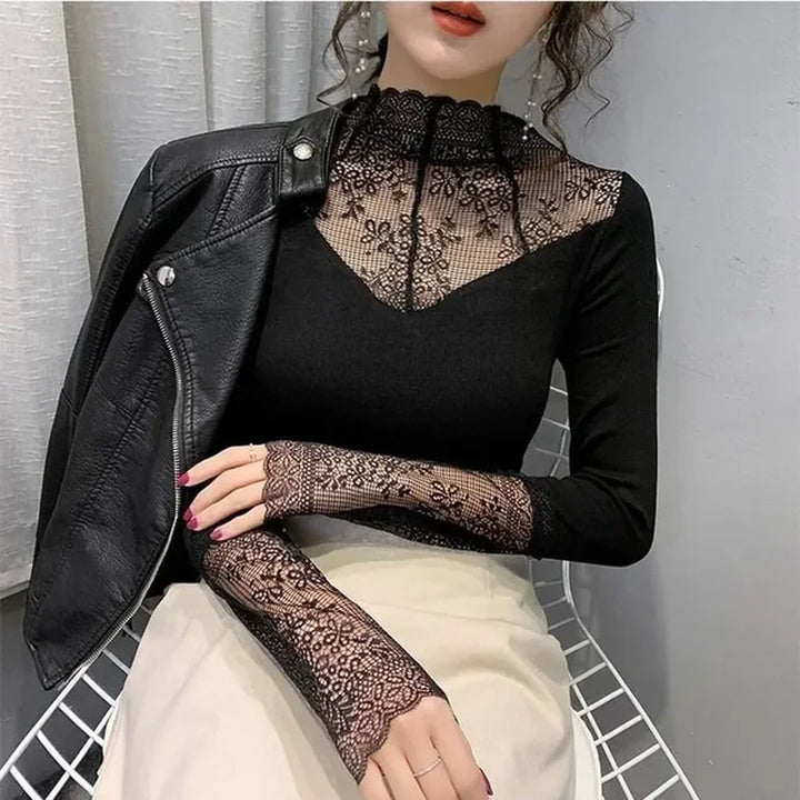 Women Elegant Lace Blouse Female Sexy Mesh Long Sleeve Shirt Tops plus Size Fashion Floral Embroidery Hollow Out Solid Blouses