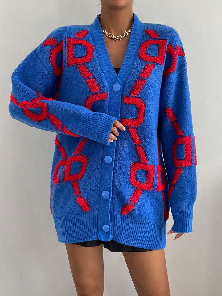  Letter Pattern Drop Shoulder Cardigan