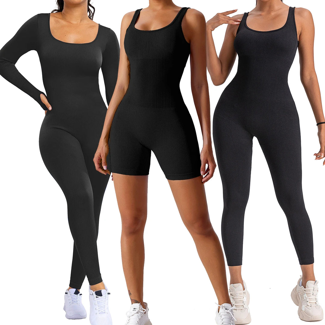 Women Ribbed Yoga Jumpsuits Workout Ribbed Long Sleeve Sport One Piece Tummy Control Seamless Fitness Sportwear