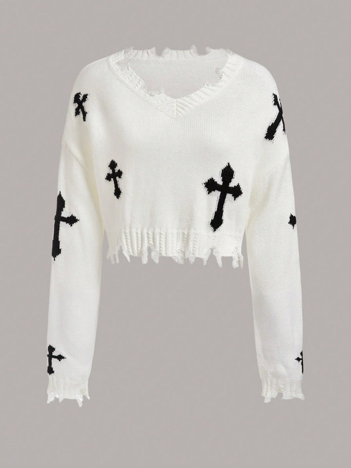 Cross Pattern Distressed Drop Shoulder Sweater 